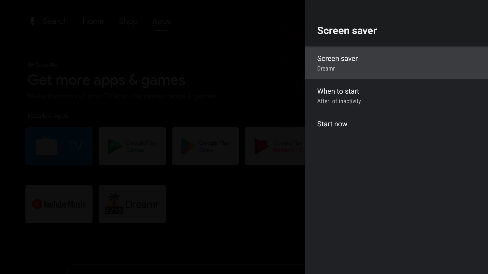 Android TV Screen saver settings with Dreamr selected as the screen saver