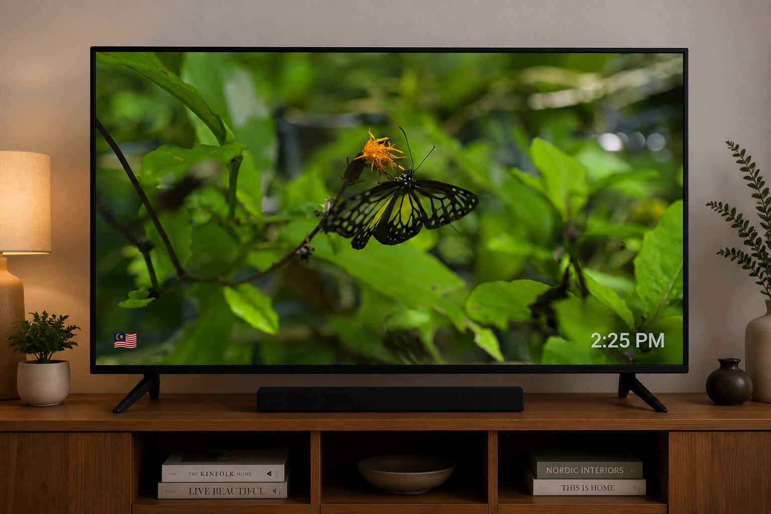 A living-room TV running Dreamr: a butterfly photo fills the screen, with the time in the bottom-right corner and a country flag in the bottom-left